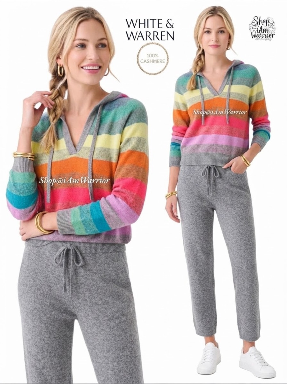 White+Warren lightweight spring cashmere rainbow hoodie pullover*shop@iamwarrior